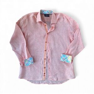 Men's Coral Long Sleeve Shirt Masutto 100% Linen Button Down, Size L